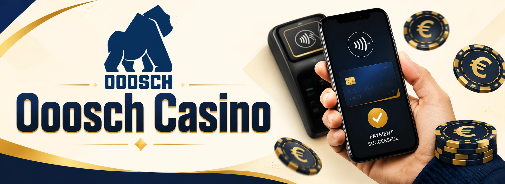 Ooosch Casino Ireland banner: a one-tap wallet deposit in euro, the first deposit matched 100% to €150 with 75 free spins